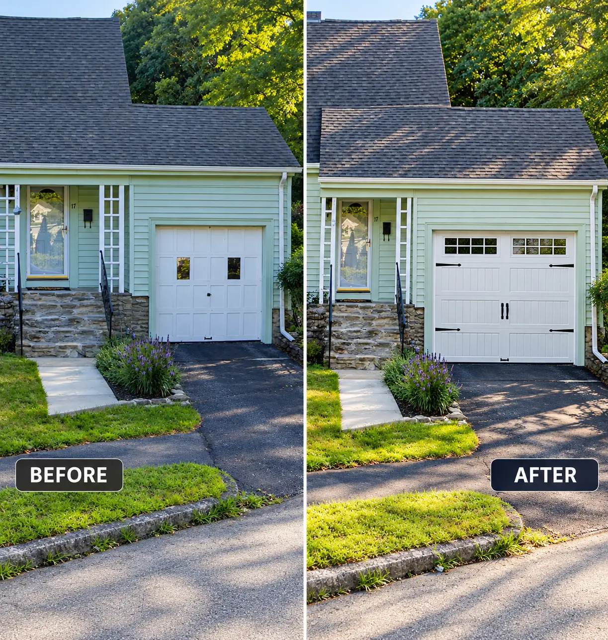 Before and after: a plain white garage door upgraded to a carriage-house door with window grilles