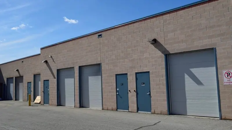 Commercial sectional garage doors on a warehouse