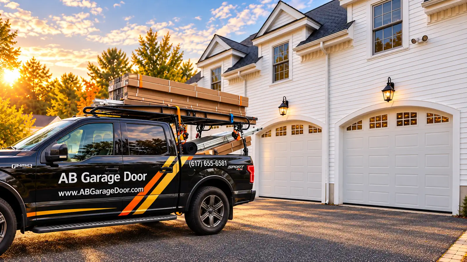 AB Garage Door service truck parked in front of a home with two garage doors