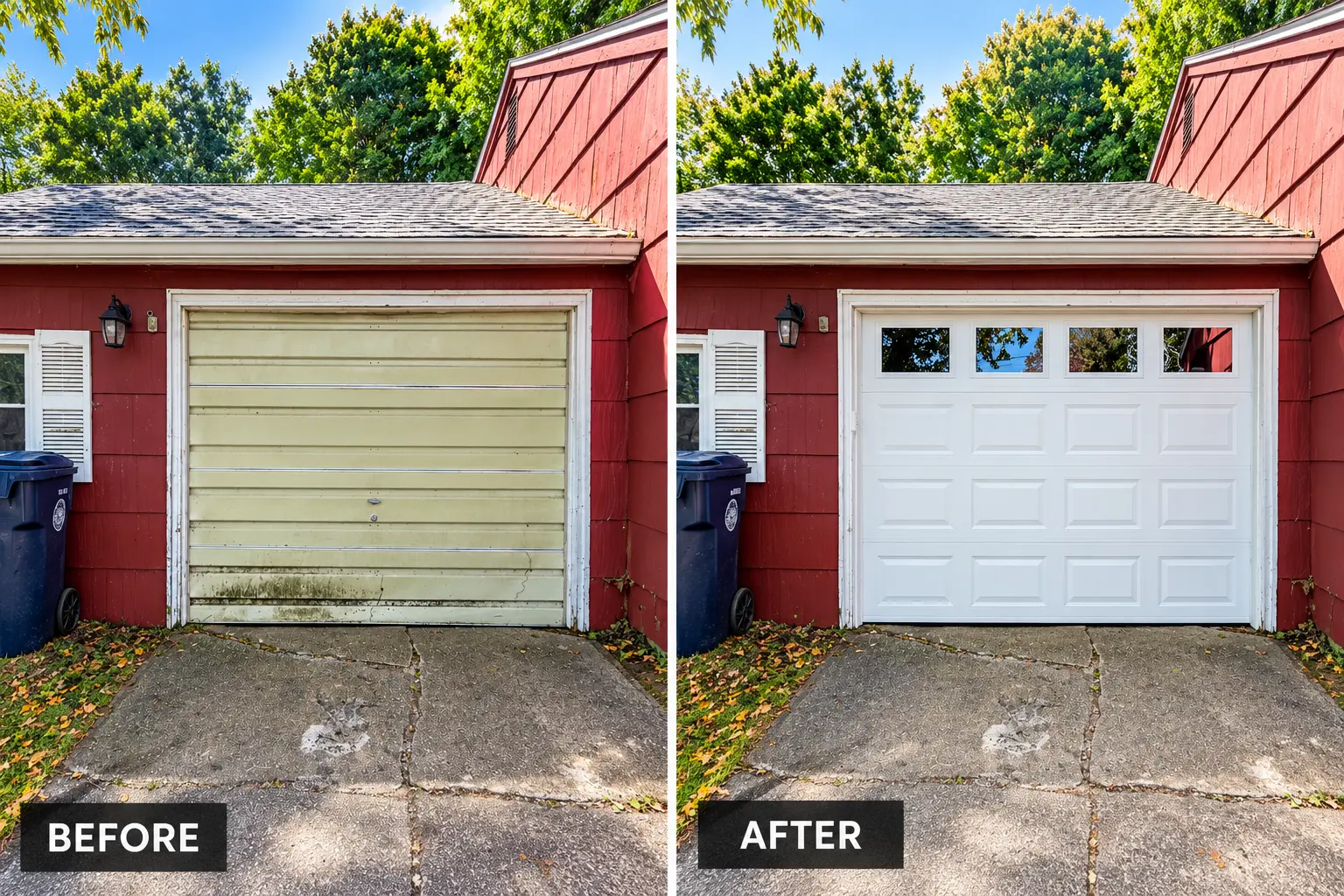 Before and after: a faded tan door replaced with a new white raised-panel door with glass lights