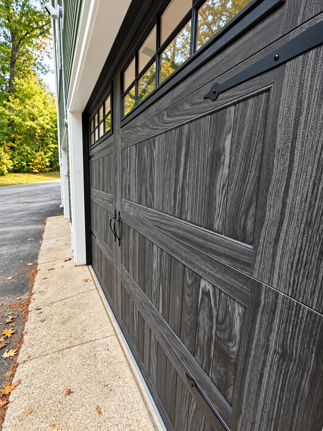 Close-up of a wood-grain garage door with decorative black hardware