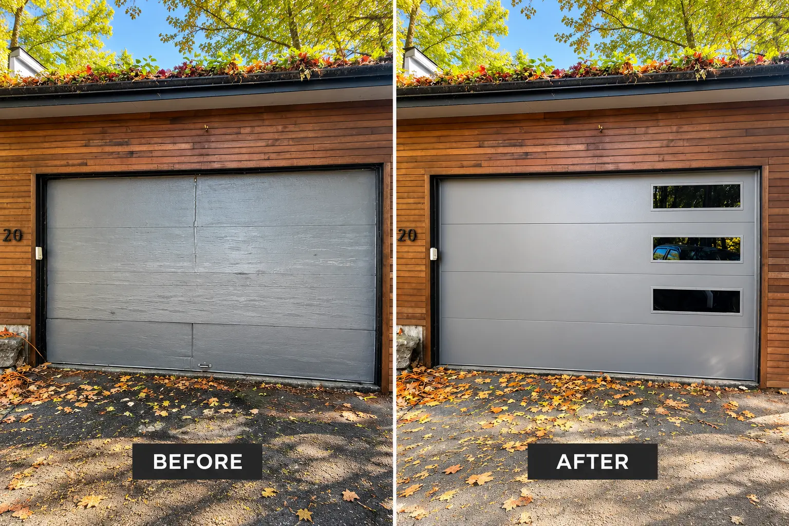 Before and after: an old gray panel door replaced with a modern gray door with frosted windows